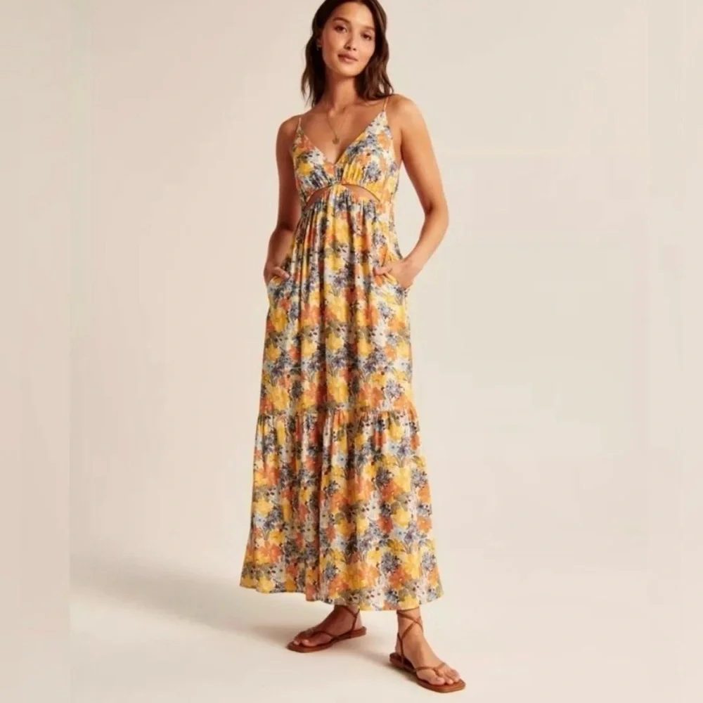 Abercrombie & Fitch Yellow Floral Maxi Dress with Blue Floral Print